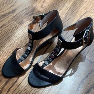 BCBGeneration BCBG Black 9 Sandals Silver 2in Heels Womens